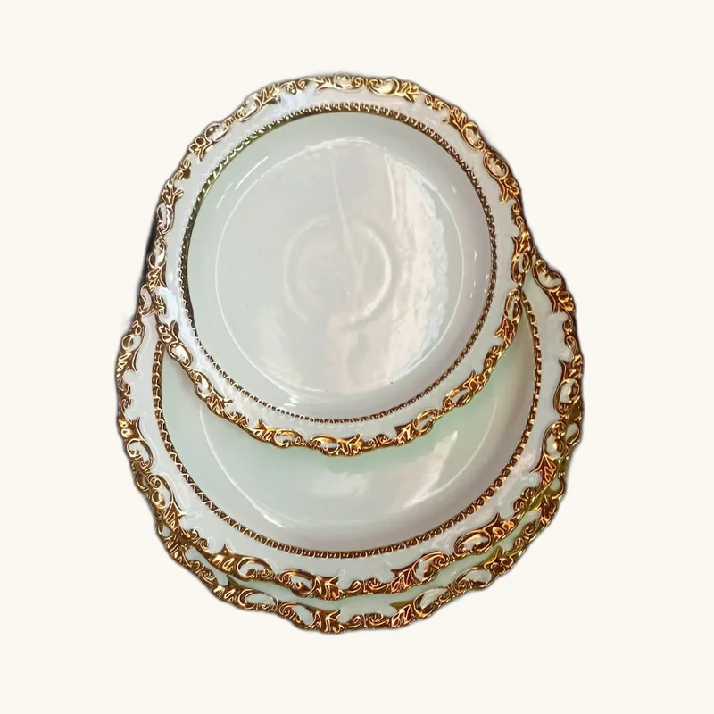Ornate Gold-Rimmed Porcelain Dinner and Side Plate Set presented on brand studio background