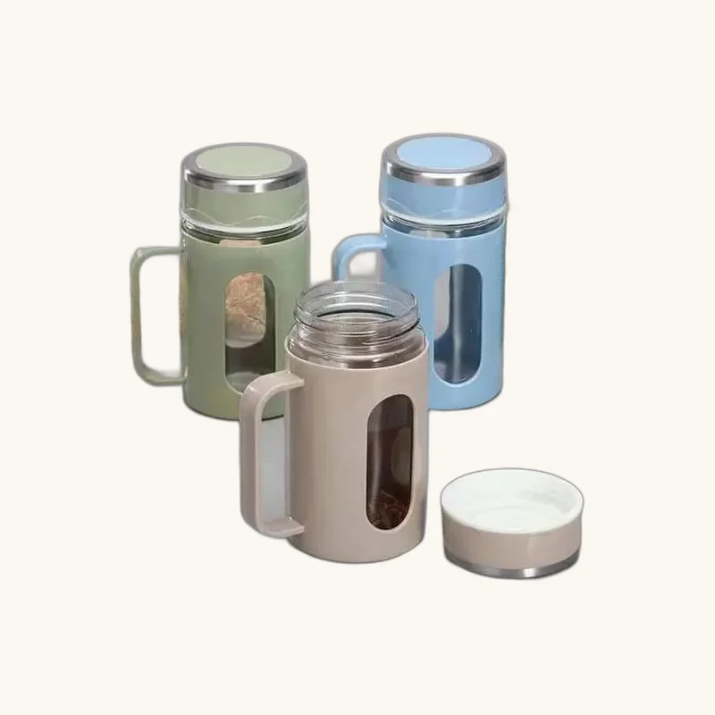 Portable Glass Coffee Mug with Protective Sleeve and Handle presented on brand studio background
