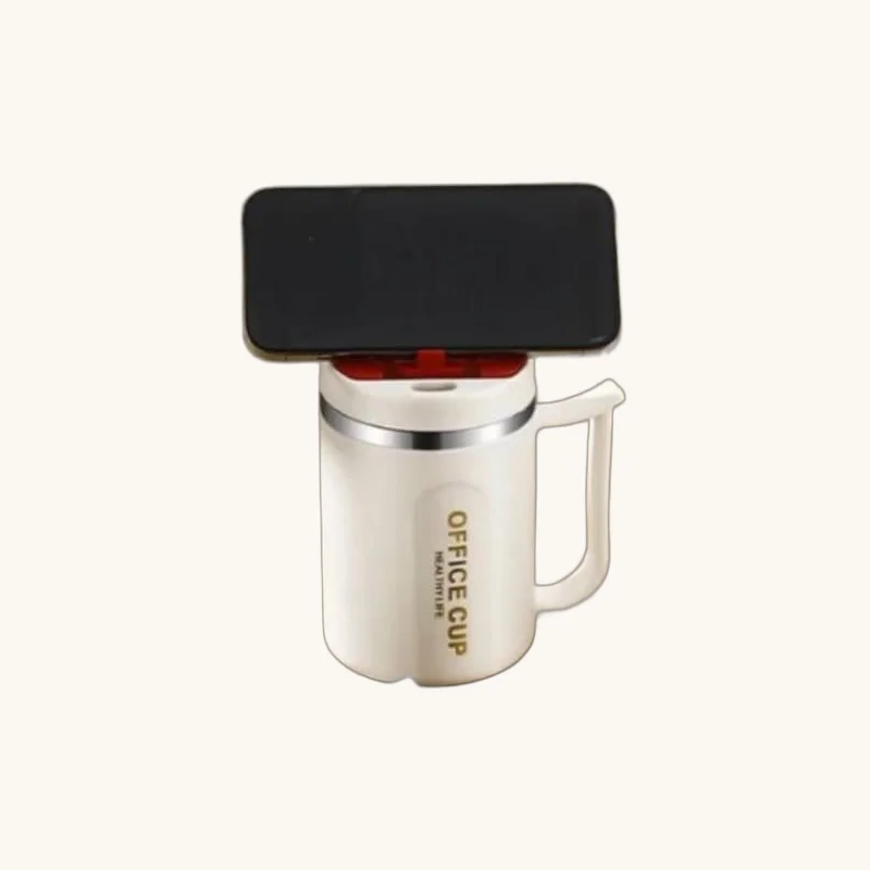 Stainless Steel Office Insulated Mug with Phone Holder presented on brand studio background